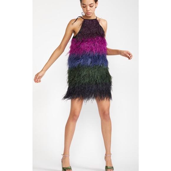 NWT Cynthia Rowley Ivy Ombre Ostrich Feather Multicolour Mini Dress Size XS - Picture 1 of 10